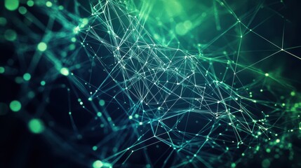 Abstract Green Network of Lines and Points on Dark Background.