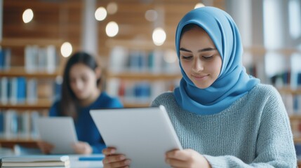 Focused Students in Modern Library Studying with Digital Devices - Educational and Learning Concept