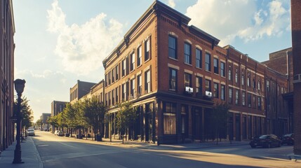 Obraz premium Vintage Brick Building on a City Street with Sunbeams and Blue Sky