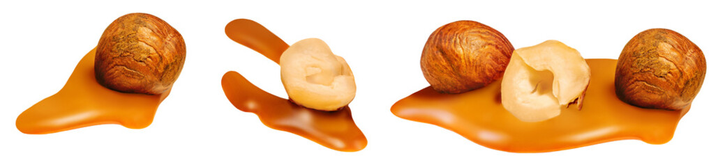 Melting caramel sauce and Hazelnuts isolated. Flowing liquid caramel with nuts on white background