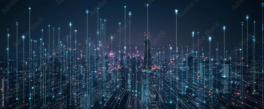 Poster intricate waveline design with a smart city concept, abstract dots connecting with gradient line and
