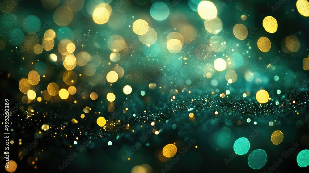 Poster golden bokeh background with abstract green texture for a festive winter theme
