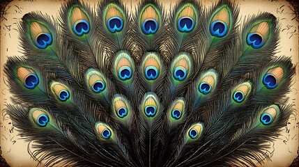Obraz premium A collection of peacock feathers arranged in a circular pattern, each feather displaying its intricate textures and vibrant hues. The iridescent colors shimmer under soft lighting,
