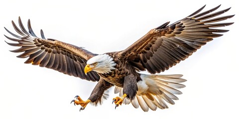 Fototapeta premium Attacking talon of an eagle isolated on white high angle, isolated, bird of prey, strength, high angle,eagle, raptor, aggression, predator, close-up, white background, claws, bird