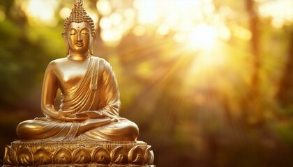Fototapeta premium A peaceful golden statue of a Buddha with a serene face, symbolizing spirituality and meditation in Thai Buddhist culture