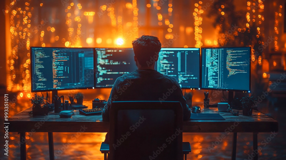 Wall mural software developer is working late, illuminated by the glow of multiple monitors