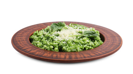 Delicious spinach risotto with parmesan cheese isolated on white