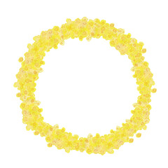 水彩で手描きした花：ミモザのリース、ふわふわした黄色い花、女性を象徴する花
