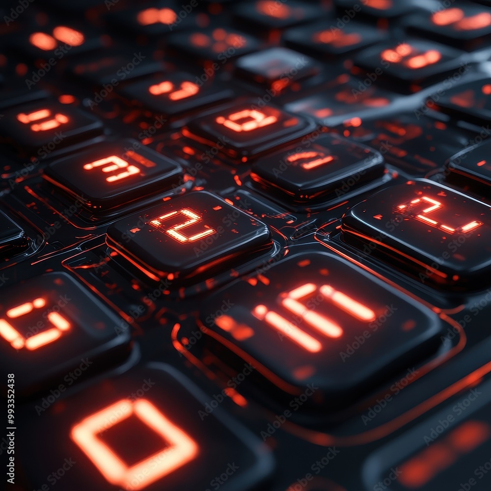 Poster futuristic black keyboard with glowing red numbers - close up macro shot.