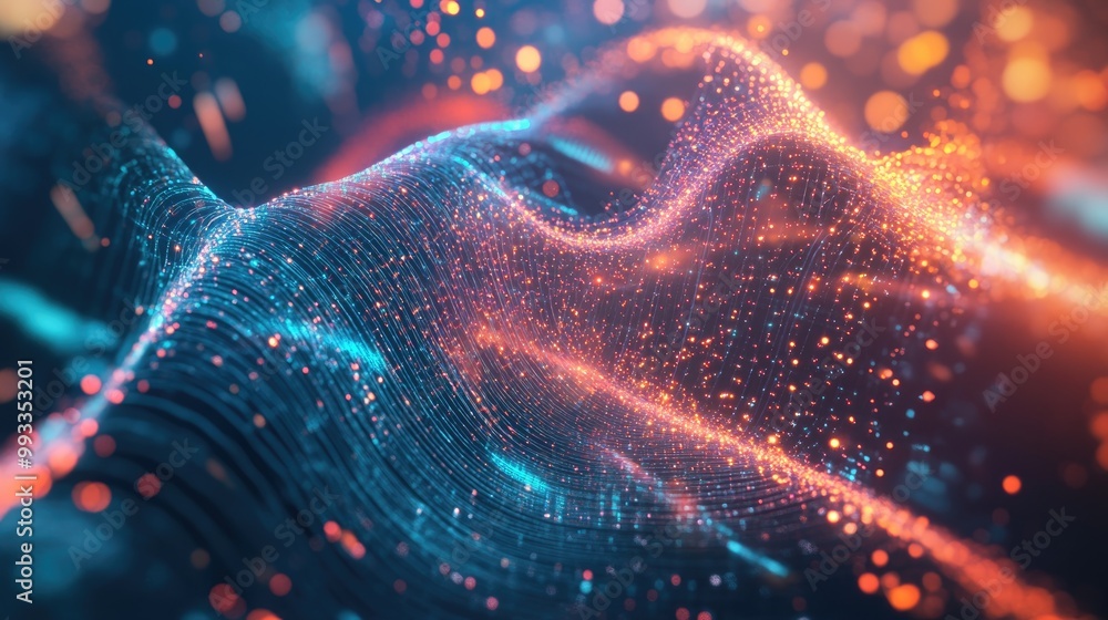Poster futuristic holographic display featuring glowing particles and dynamic data flow concept illustratio