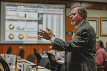 Fototapeta premium Stock market analyst presenting investor report Use the large screen to analyze data.