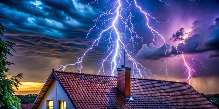Lightning Rod Installed on Roof of House for Protection Against Thunderstorms and Lightning Strikes