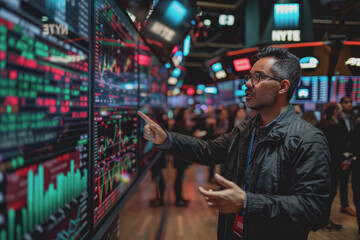 Stock market analyst presenting investor report Use the large screen to analyze data.