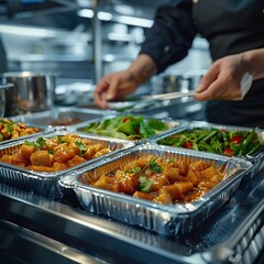 Obraz premium Close up of a chef preparing a meal in a commercial kitchen