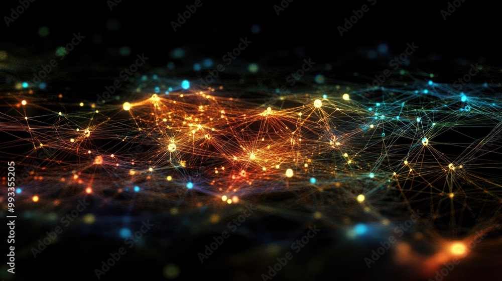 Poster digital visualization of interconnected networks featuring luminous nodes