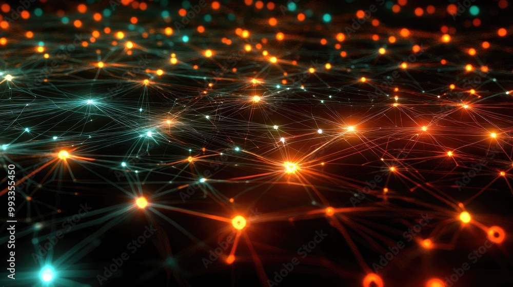 Poster digital visualization of interconnected networks featuring luminous nodes