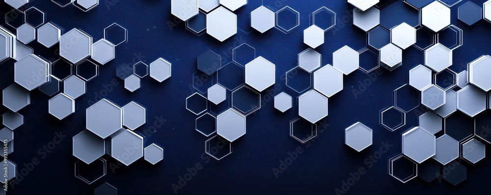 Poster illustration of white hexagons on a dark blue background creating a modern and abstract geometric pa