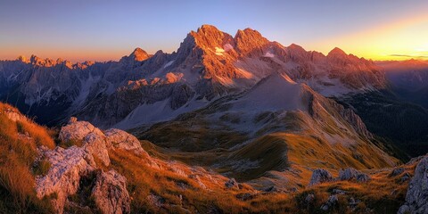 Panoramic view of mountain range during autumn sunrise