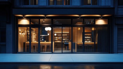 Modern Storefront with Blank Sign at Night - Empty Space for Your Business Name.