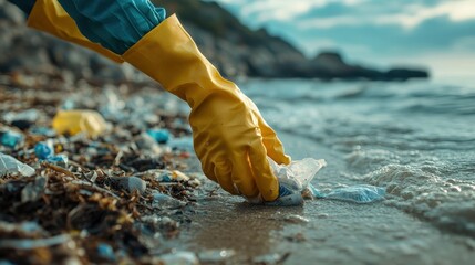 A hand in a yellow glove picks up plastic waste from a beach, highlighting the importance of ocean cleanliness and environmental care.