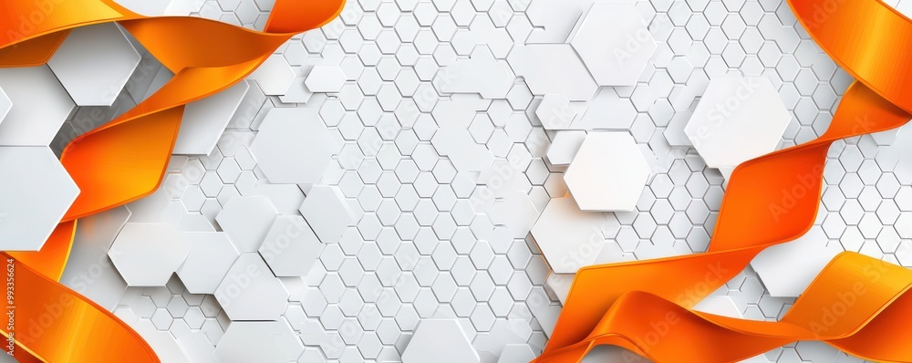 Poster Abstract design featuring orange and white hexagons with flowing ribbons creating a modern geometric pattern