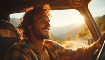 Fototapeta premium A joyful man driving through scenic mountains during sunset, capturing the essence of adventure and freedom on the open road.