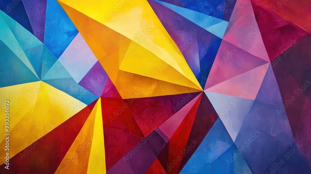 Poster vibrant abstract geometric artwork featuring multicolored triangular shapes in red yellow blue and p