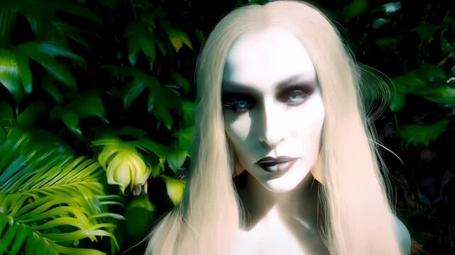 Close-up art portrait woman mermaid. Fantasy asp girl blonde long hair. Lady goth vampire queen viper. green palants
