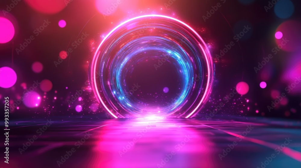 Poster futuristic holographic portal with glowing neon circles and sparkles designed for gaming features a 