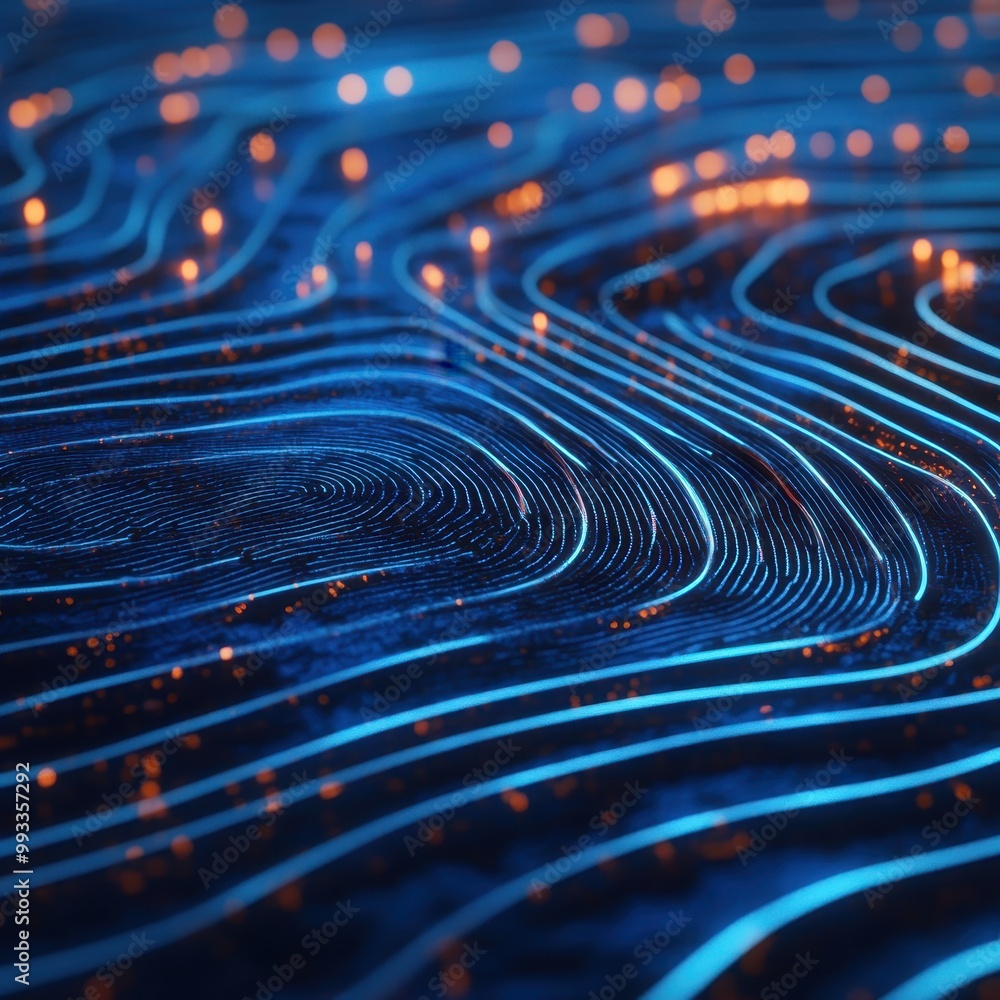 Poster abstract blue and orange fingerprint pattern with glowing lines and bokeh lights - digital art, tech