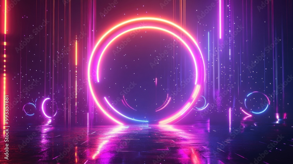 Poster futuristic holographic portal with glowing neon circles and sparkles designed for gaming features a 