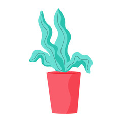 A green plant with wavy leaves in a red pot on a white background. Ideal for nature, home decor, gardening, minimalist design, and indoor plants themes. Simple and modern style