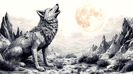 Fototapeta premium A futuristic wolf composed of geometric shapes, howling at a glowing full moon. The scene is set in a barren, abstract landscape with sharp angular rock formations and a clear night sky.