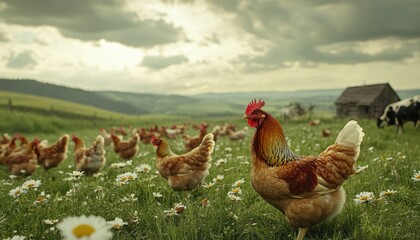A serene countryside scene featuring a rooster in a field of flowers, with hens and a rustic barn in the background.