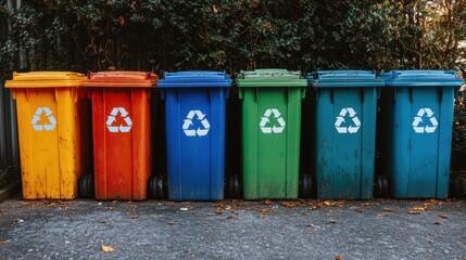 A row of colorful recycling bins for waste separation, promoting eco-friendly practices and environmental sustainability.