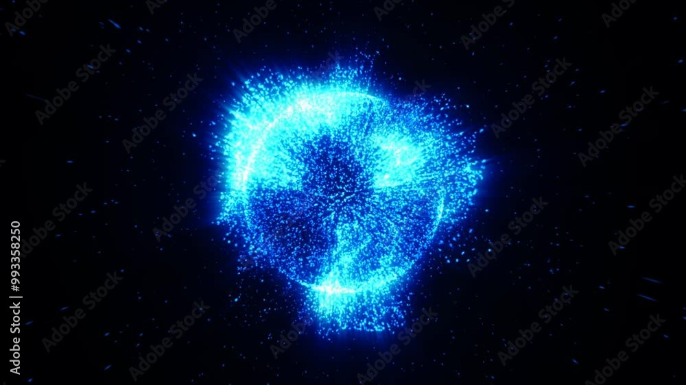 Poster energy sphere. abstract motion with sphere of blue particles in star space. technology and science m