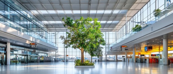 A spacious airport interior featuring a large green tree amidst glass architecture and modern design.