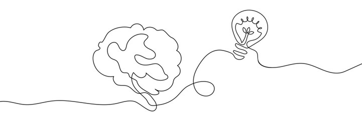 Abstract light bulb with brain as line drawing on white background. Vector