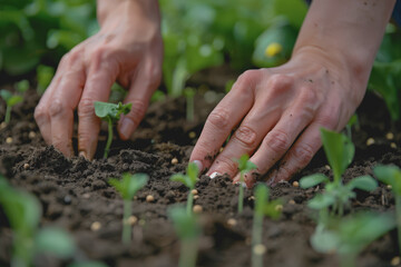 Close-up of hands planting seeds in the soil. It symbolizes growth and new beginnings.