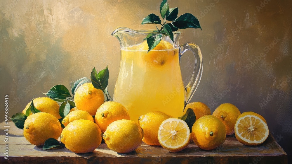 Poster vibrant lemons encircle a pitcher of refreshing lemonade creating a warm and inviting ambiance fille