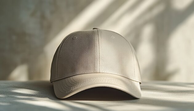 A stylish beige cap displayed on a surface, showcasing minimalistic design and elegant shadows in natural light.