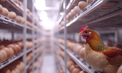 Chicken and rows of eggs in a coop.