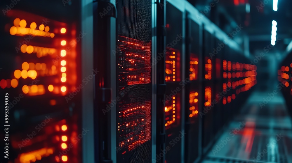 Poster high-tech data center with glowing red server lights and modern equipment.