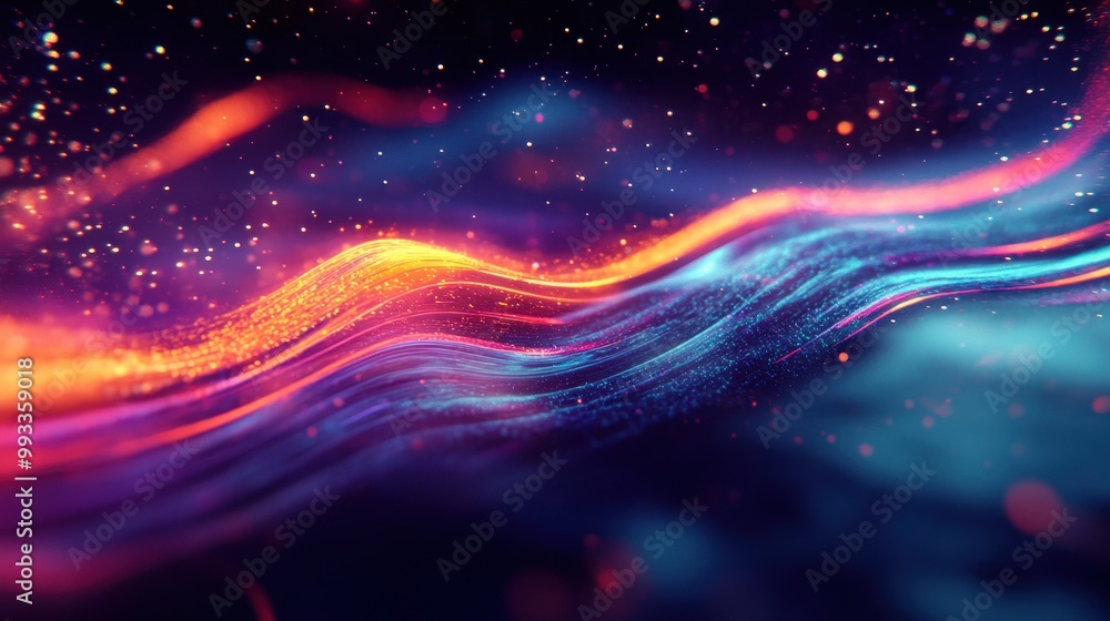 Aufkleber abstract background with colorful wavy lines and glowing particles.