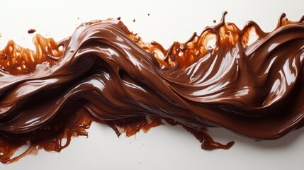 rich melted chocolate flows gracefully showcasing its glossy sheen against a pure white background inviting indulgence and warmth through its enticing texture and color