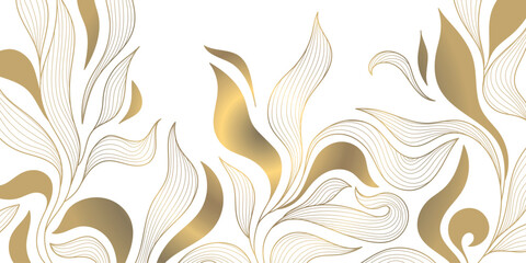 Vector gold on white leaf pattern, line abstract plant design, floral art deco graphic. Nature japanese ornament, luxury frame, cover. Vintage wave botanical illustration