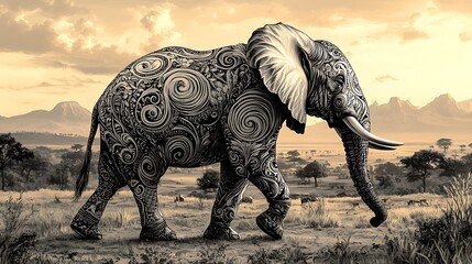 Fototapeta premium A grand elephant decorated with elaborate, swirling patterns, walking across a vast savanna at sunset. The background showcases distant mountains and golden skies, casting a warm glow on the scene.