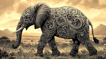 Fototapeta premium A grand elephant decorated with elaborate, swirling patterns, walking across a vast savanna at sunset. The background showcases distant mountains and golden skies, casting a warm glow on the scene.