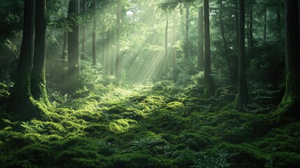 Obraz premium A 3D digital illustration of a lush forest covered in moss enhanced by filtered sunlight