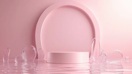 Obraz premium Surreal abstract scene featuring an empty stage with a cylindrical podium and an arch on a soft pink background accompanied by glass beads in water for cosmetic product presentations